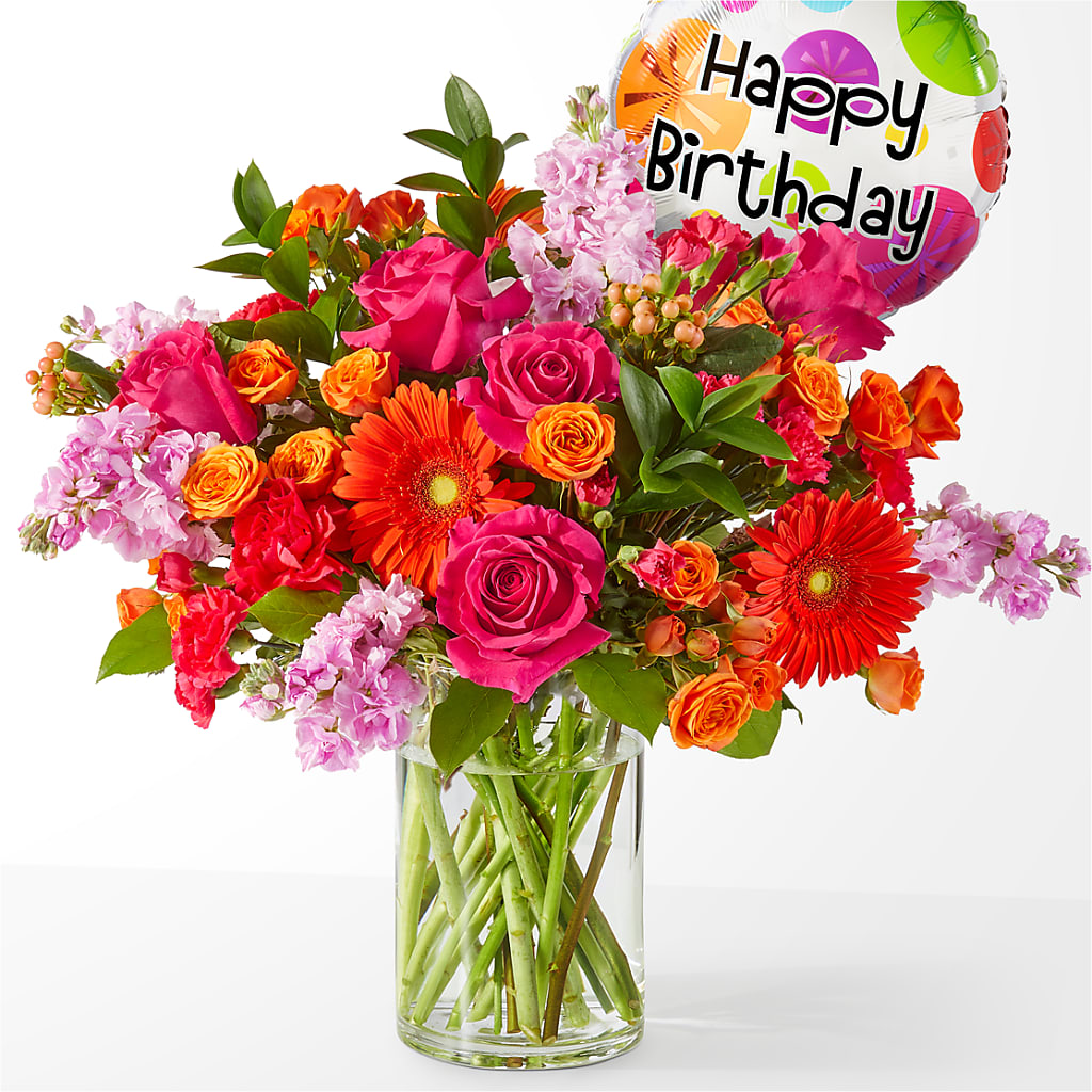 Fiesta Bouquet with Birthday Balloon – Serenity Floral, Lake Geneva WI