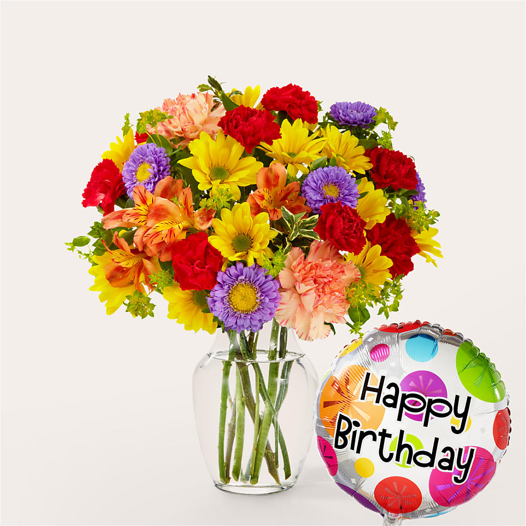 Kaleidoscope Bouquet with Birthday Balloon – Serenity Floral, Lake Geneva WI