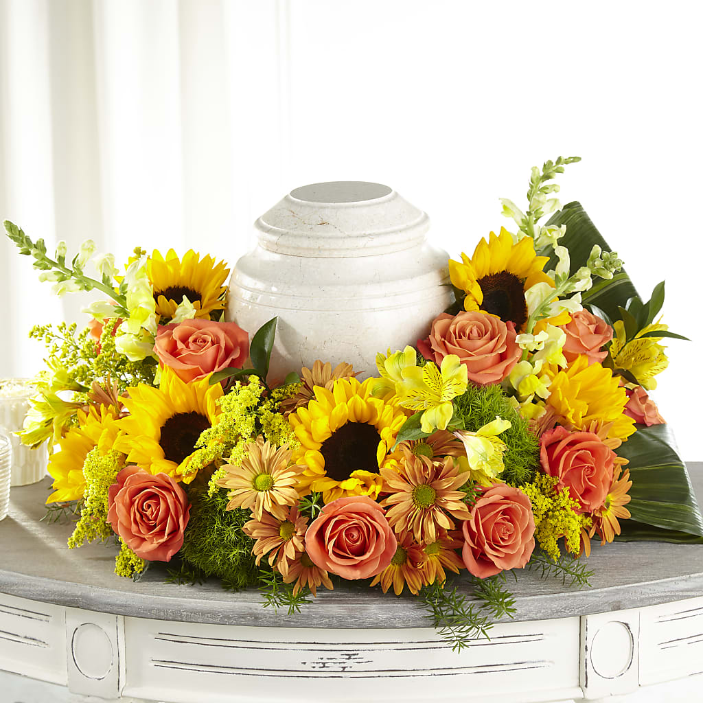 Faithful Sunflower Cremation Adornment – Serenity Floral, Lake Geneva WI