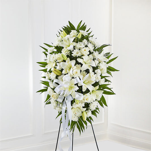 Exquisite Tribute Standing Spray-White Ribbon – Serenity Floral, Lake Geneva WI