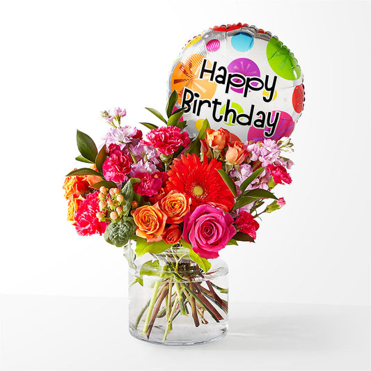 Fiesta Bouquet with Birthday Balloon –  Serenity Floral, Lake Geneva WI