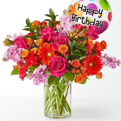 Fiesta Bouquet with Birthday Balloon –  Serenity Floral, Lake Geneva WI