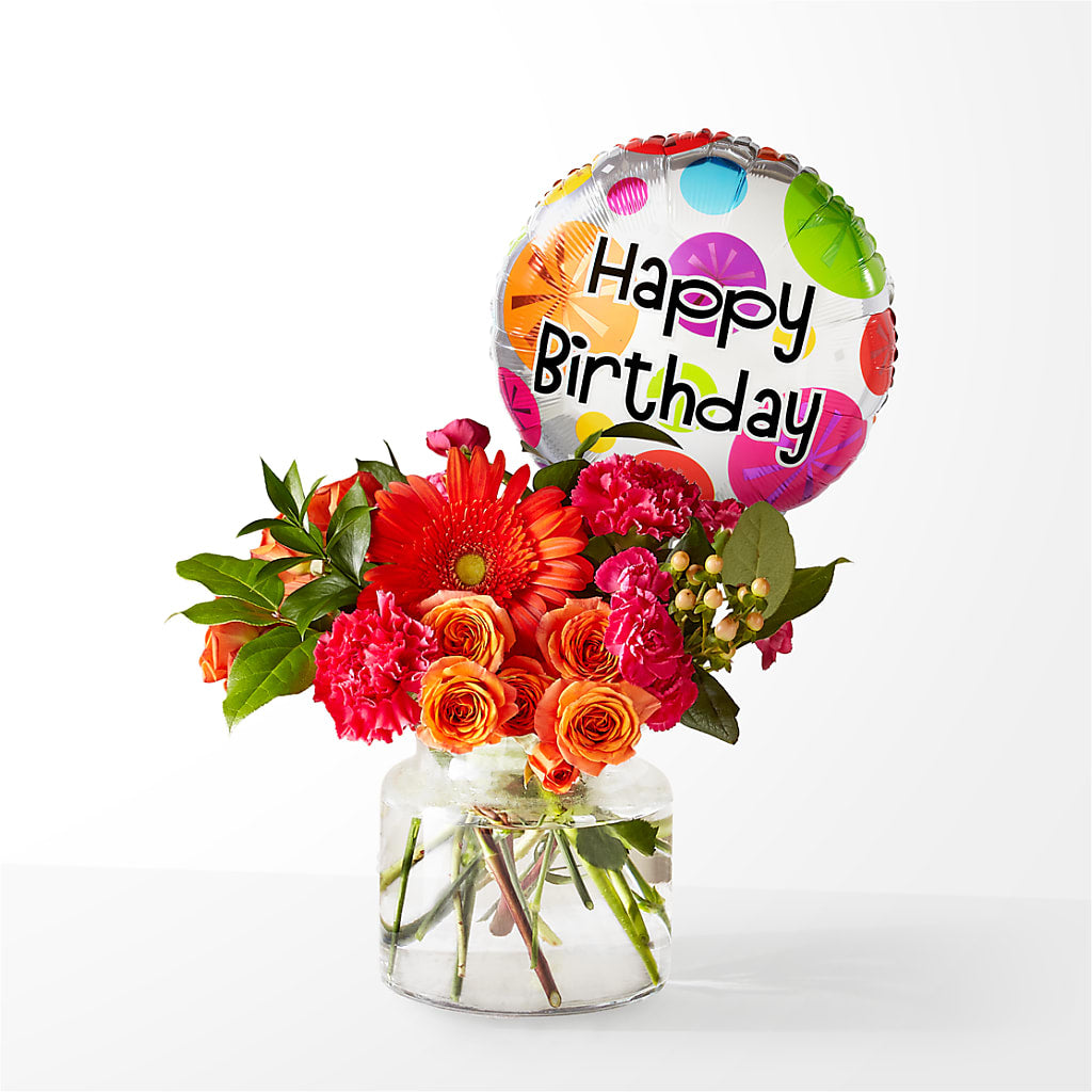 Fiesta Bouquet with Birthday Balloon –  Serenity Floral, Lake Geneva WI