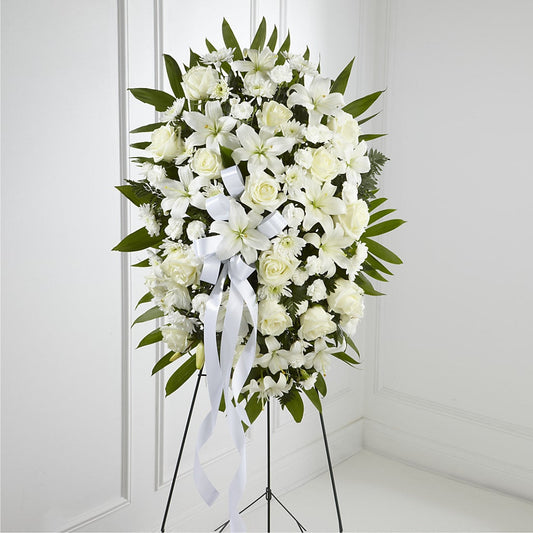 Exquisite Tribute Standing Spray-White Ribbon –  Serenity Floral, Lake Geneva WI