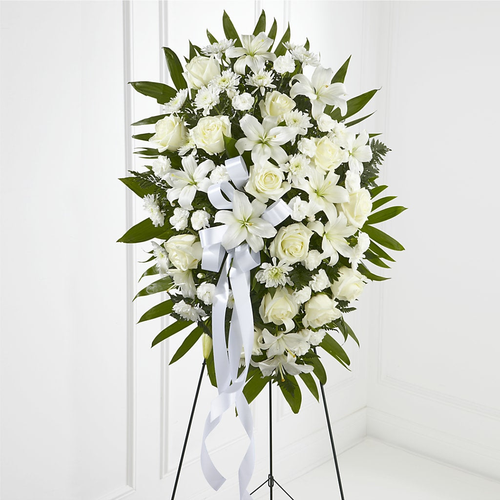 Exquisite Tribute Standing Spray-White Ribbon –  Serenity Floral, Lake Geneva WI