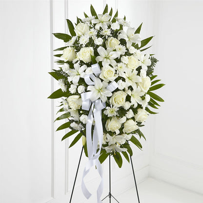 Exquisite Tribute Standing Spray-White Ribbon –  Serenity Floral, Lake Geneva WI