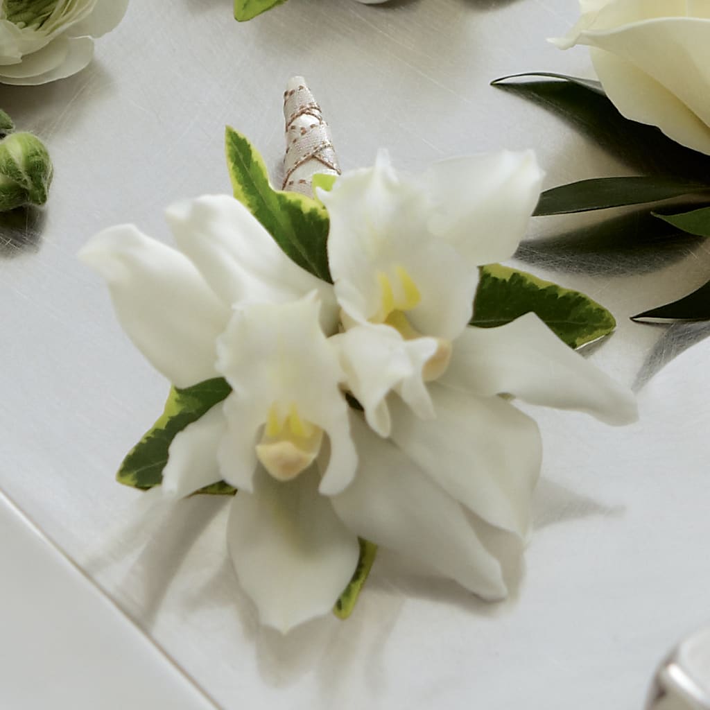 White Mini Cymbidium Boutonniere –  Serenity Floral, Lake Geneva WI